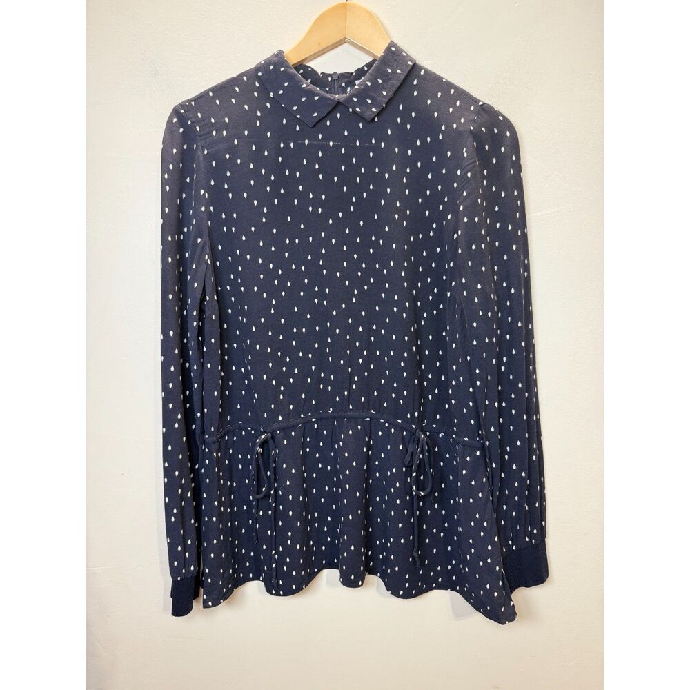 Just Women's Size XS Navy Blouse Top Long Sleeve Spotted Print Back Zip